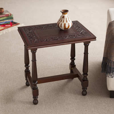 Leather and wood accent table, 'Vines of Autumn' - Vine Motif Leather and Wood Accent Table from Peru