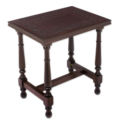 Leather and wood accent table, 'Vines of Autumn' - Vine Motif Leather and Wood Accent Table from Peru