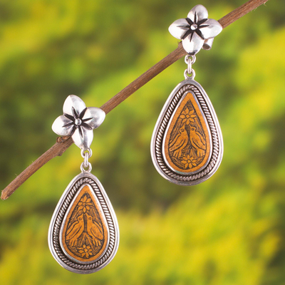 Silver and gourd shell dangle earrings, 'Romantic Birds' - Floral Bird-Themed Silver and Gourd Shell Dangle Earrings
