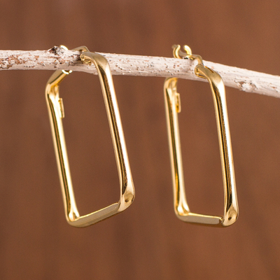 Gold plated sterling silver hoop earrings, 'Goddess of the River' - 18k Gold-Plated Sterling Silver Rectangular Hoop Earrings