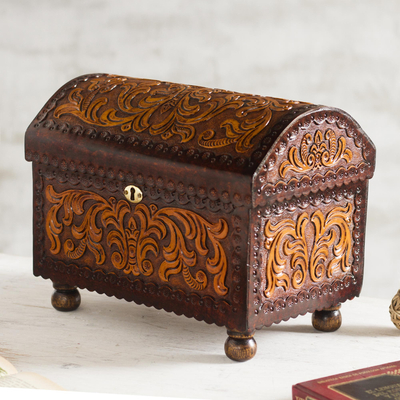 Leather and wood Jewellery chest, 'Colonial Style' - Vine Pattern Leather and Wood Jewellery Chest from Peru