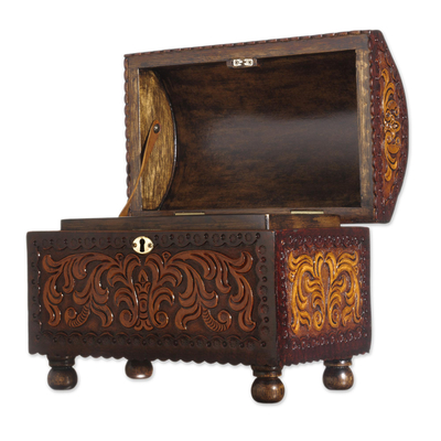 Leather and wood jewelry chest, 'Colonial Style' - Vine Pattern Leather and Wood Jewelry Chest from Peru