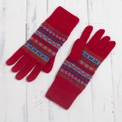 100% alpaca knit gloves, 'Andean Art' - Striped 100% Alpaca Knit Gloves from Peru