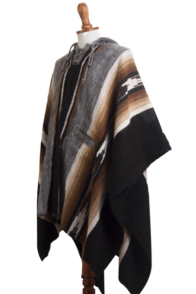 Men's 100% alpaca hooded poncho, 'Path to the Mountain' - Striped Men's 100% Alpaca Hooded Poncho from Peru