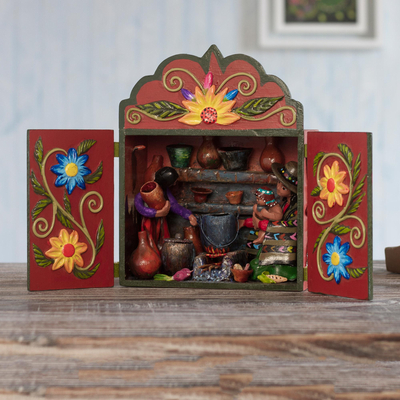 Wood and ceramic retablo, 'Andean Kitchen' - Cooking-Themed Hand-Painted Wood and Ceramic Retablo