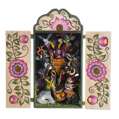 Wood and ceramic retablo, 'Animal Orchestra' - Whimsical Hand-Painted Wood and Ceramic Retablo from Peru