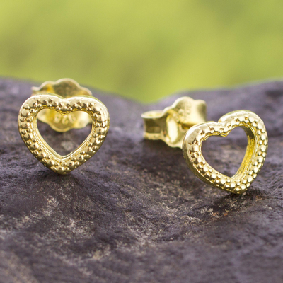 Gold plated sterling silver stud earrings, 'Heart Dimples' - Gold Plated Sterling Silver Heart Stud Earrings from Peru