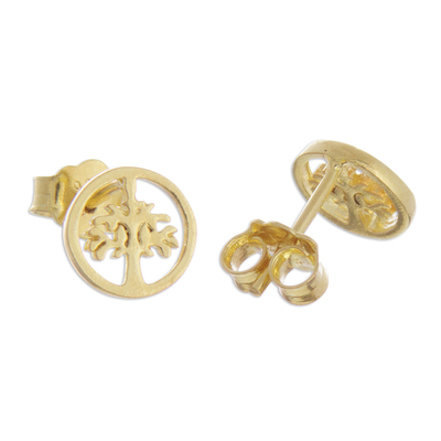 Gold plated sterling silver stud earrings, 'Arbor Halos' - Tree Motif 18k Gold Plated Sterling Silver Stud Earrings