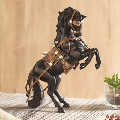 Leather accented cedar wood sculpture, 'Majestic Elegance' - Leather Accented Cedar Wood Rearing Horse Sculpture