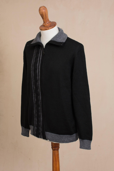 Alpaca blend cardigan, 'Bold Cable in Black' - Cable Knit Alpaca Blend Cardigan in Black from Peru