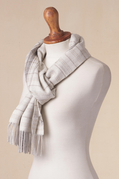 100% baby alpaca scarf, 'Andean Mountain Range' - White and Grey 100% Baby Alpaca Scarf from Peru