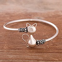 Sterling silver pendant bangle bracelet, 'Delightful Cat' - Cat-Themed Sterling Silver Pendant Bracelet from Peru