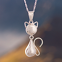 Sterling silver pendant necklace, 'Delightful Cat'
