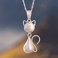 Sterling silver pendant necklace, 'Delightful Cat' - Cat-Themed Sterling Silver Pendant Necklace from Peru