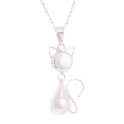 Sterling silver pendant necklace, 'Delightful Cat' - Peruvian Cat Sterling Silver Pendant Necklace