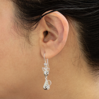 Sterling silver dangle earrings, 'Delightful Cats' - Cat-Themed Sterling Silver Dangle Earrings from Peru