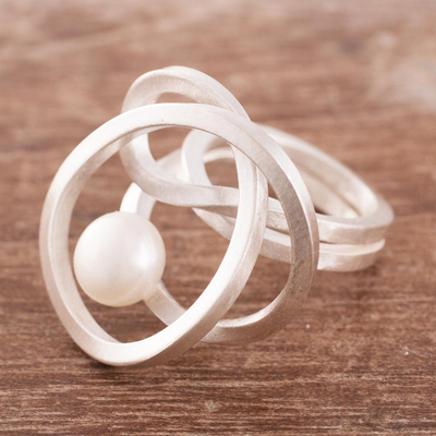 Cultured pearl cocktail ring, 'Amazon Nest' - Modern Cultured Pearl Cocktail Ring Crafted in Peru