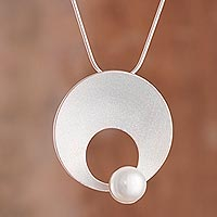 Modern Circular Cultured Pearl Pendant Necklace from Peru,'Pearl Moon in White'