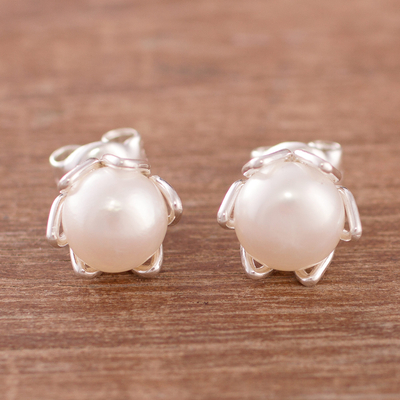 Cultured pearl stud earrings, 'Exquisite Glow' - Swirl Pattern Cultured Pearl Stud Earrings from India