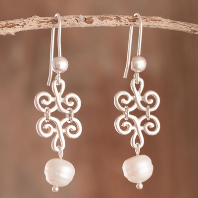 Cultured pearl dangle earrings, 'Chic Beauty' - Petal Motif Cultured Pearl Dangle Earrings from Peru