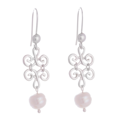 Cultured pearl dangle earrings, 'Chic Beauty' - Petal Motif Cultured Pearl Dangle Earrings from Peru