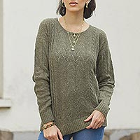 Cable Knit Baby Apaca Blend Pullover in Olive from Peru,'Warm Charm in Olive'