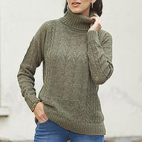 Baby alpaca blend pullover, 'Warm Sweetness in Olive' - Cable Knit Baby Alpaca Blend Pullover in Olive from Peru