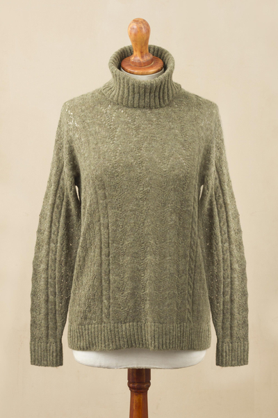 Baby alpaca blend pullover, 'Warm Sweetness in Olive' - Cable Knit Baby Alpaca Blend Pullover in Olive from Peru