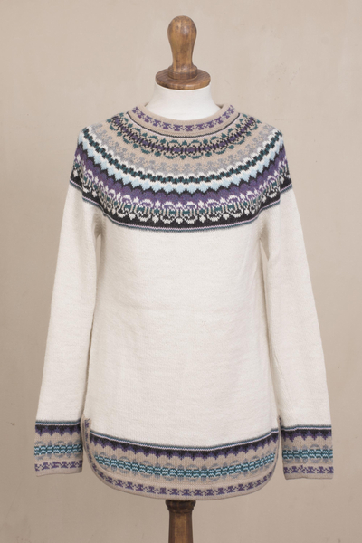 Art knit alpaca pullover, 'Playful Ivory' - Knit 100% Alpaca Pullover Sweater in Antique White from Peru