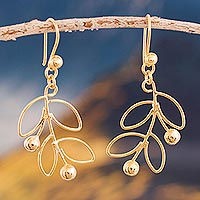Gold plated sterling silver dangle earrings, 'Airy Leaves'