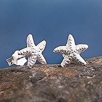 Sterling silver button earrings, 'Starfish Delight' - Sterling Silver Starfish Button Earrings from Peru