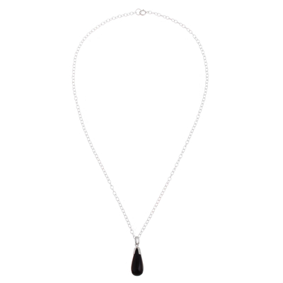 Obsidian pendant necklace, 'Teardrop Cradle' - Teardrop Black Obsidian Pendant Necklace from Peru