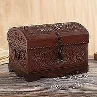 Leather and wood decorative box, 'Brown Birds' - Brown Leather and Wood Decorative Box from Peru