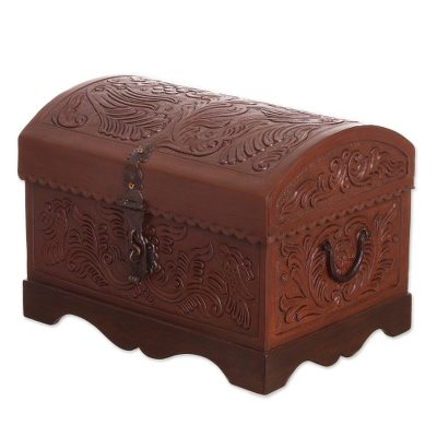 Leather and wood decorative box, 'Brown Birds' - Brown Leather and Wood Decorative Box from Peru