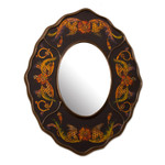 Reverse-painted glass wall mirror, 'Black Colonial Wreath' - Black Floral Reverse-Painted Glass Wall Mirror from Peru