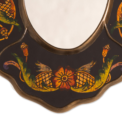 Reverse-painted glass wall mirror, 'Black Colonial Wreath' - Black Floral Reverse-Painted Glass Wall Mirror from Peru