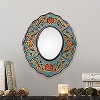 Reverse-painted glass wall mirror, 'Turquoise Colonial Wreath' - Turquoise Floral Reverse-Painted Glass Wall Mirror from Peru