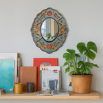 Reverse-painted glass mirror, 'Antique Reflections' - Turquoise Floral Reverse-Painted Glass Wall Mirror from Peru