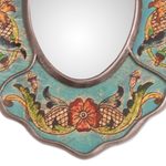 Reverse-painted glass mirror, 'Antique Reflections' - Turquoise Floral Reverse-Painted Glass Wall Mirror from Peru