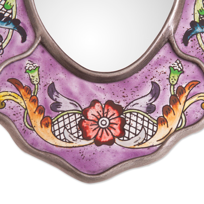 Reverse-painted glass wall mirror, 'Purple Colonial Wreath' - Purple Floral Reverse-Painted Glass Wall Mirror from Peru