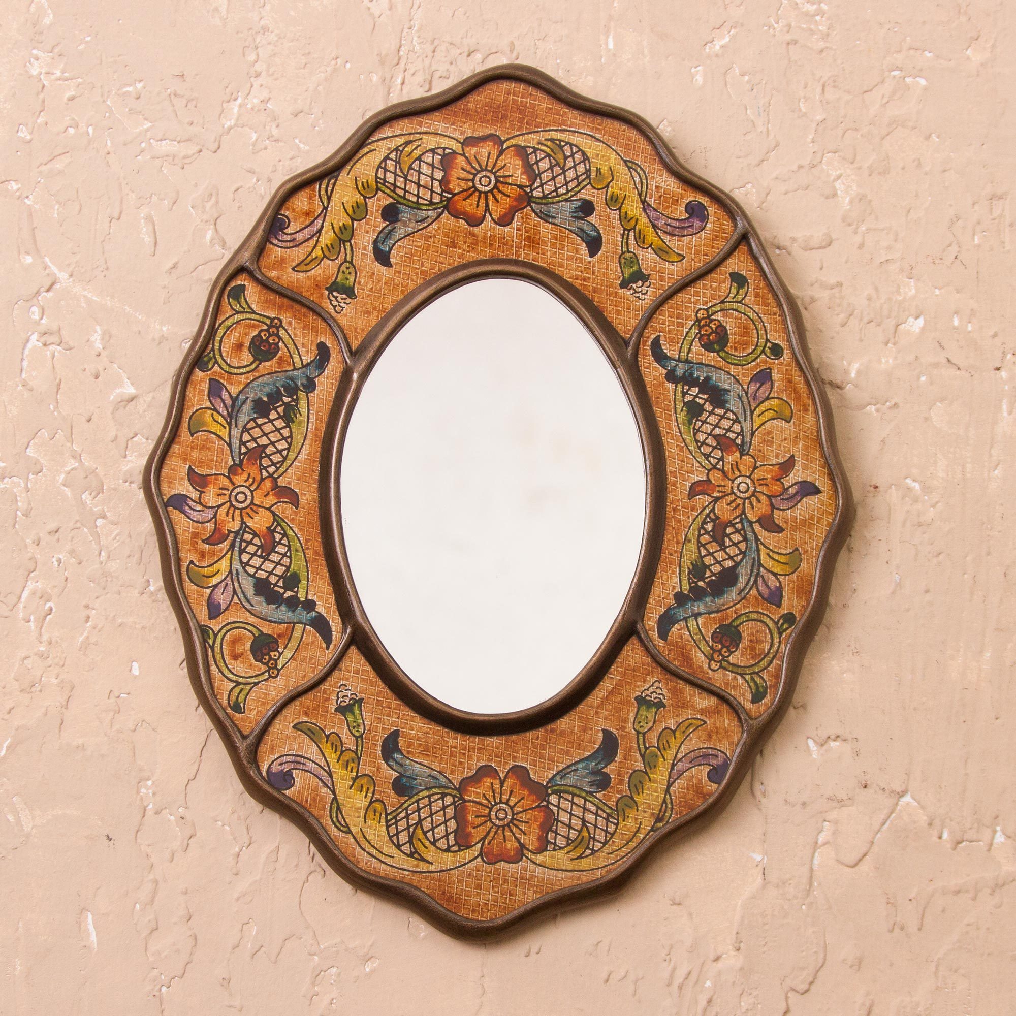 Brown Floral Reverse-Painted Glass Wall Mirror from Peru, 'Caramel Colonial Wreath'