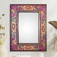 Featured review for Reverse-painted glass wall mirror, Floral Medallions in Purple