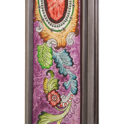 Reverse-painted glass wall mirror, 'Floral Medallions in Purple' - Floral Reverse-Painted Glass Wall Mirror in Purple from Peru