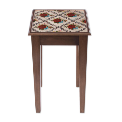 Reverse-painted glass accent table, 'Red Flowers' - Red Floral Reverse-Painted Glass Accent Table from Peru