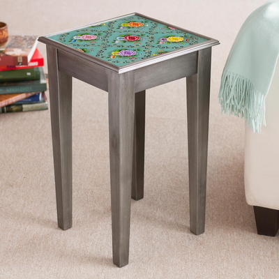 Reverse-painted glass accent table, Colonial Roses