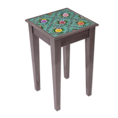 Reverse-painted glass accent table, 'Roses of Spring' - Floral Reverse-Painted Glass Accent Table from Peru