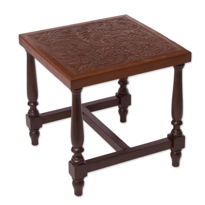 Leather and wood table, 'Mountain Garden' - Brown Nature-Inspired Leather and Wood Table from Peru