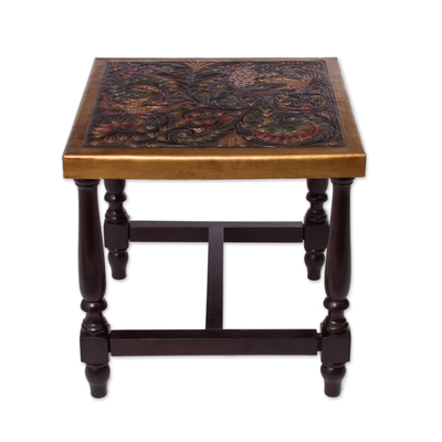 Leather and wood table, 'Peacock Garden' - Colorful Bird and Nature-Inspired Leather and Wood Table