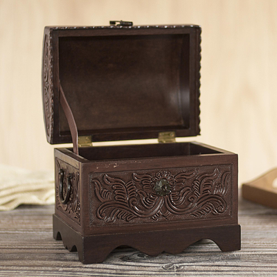 Caja decorativa de cuero y madera - Caja decorativa de cuero y madera con diseño de pájaro marrón de Perú