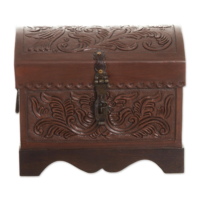 Leather and wood decorative box, 'Avian Enchantment' - Brown Bird Pattern Leather and Wood Decorative Box from Peru